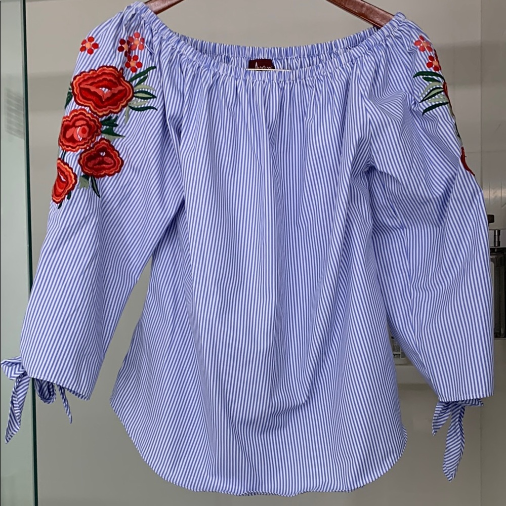 Small Blue Striped Off-Shoulder Top with Red Floral Embroidery